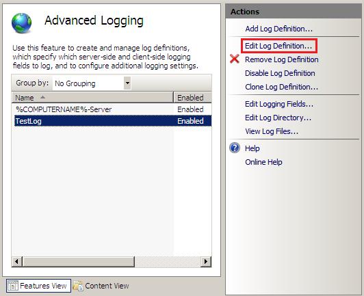 Screenshot showing Advanced Logging in the main pane. Edit Log Definition is selected in the Actions pane.