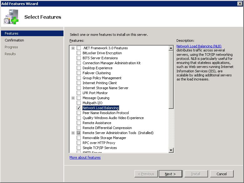 Screenshot of the Add Features Wizard window showing features in the main pane.