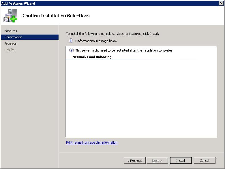 Screenshot of the Add Features Wizard window showing the Confirm Installation Selections in the main pane.