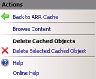 Screenshot of the Actions pane with Delete Selected Cached Object in the Delete Cached Objects section.