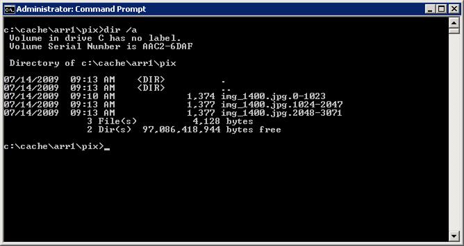 Screenshot of the Administrator Command Prompt page. The files and bytes number are listed.