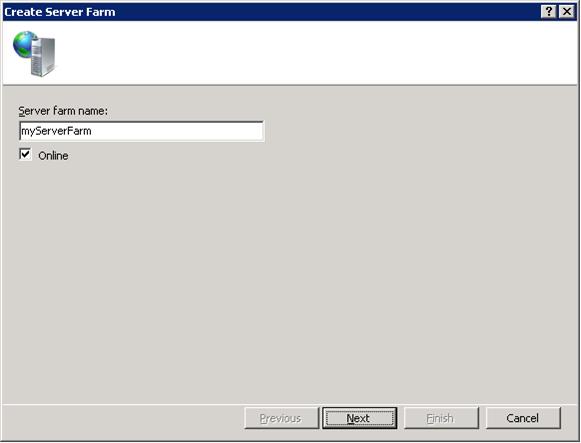 Screenshot of the Create Server Farm dialog with a new online server farm named my Server Farm.