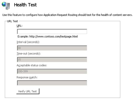 Screenshot of the Health Test pane with the default options and no specified U R L in the U R L Test section.