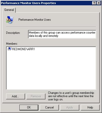 Screenshot of the Performance Monitor Users Properties dialog box displaying the General tab.