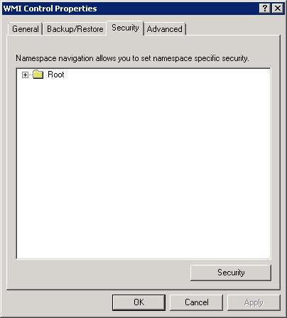 Screenshot of the W M I Control Properties dialog box with the Security tab displayed.