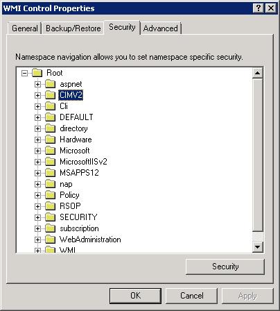 Screenshot of the W M I Control Properties dialog box with the Security tab displayed. The C I M V2 folder is highlighted.