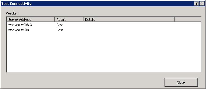 Screenshot of the Test Connectivity dialog box with test results displayed.