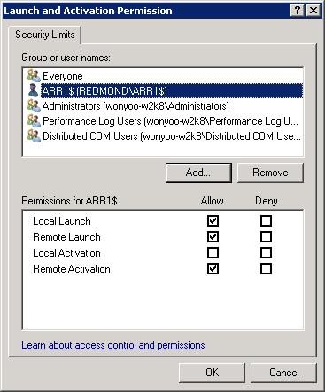 Screenshot of the Launch and Activate Permission dialog box display the security links tab.