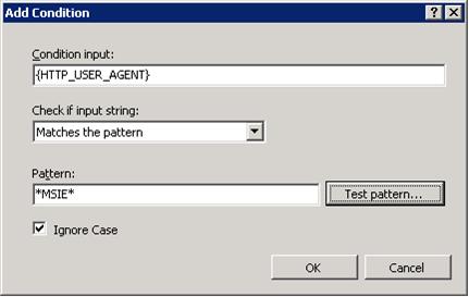 Screenshot of Condition input as curly brace H T T P underscore USER underscore AGENT curly brace and Pattern as asterisk M I S E asterisk.