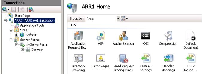 Screenshot of the I I S Manager dialog box. In the left pane is the navigation tree. The A R R administrator option is highlighted. The A R R one Home page is displayed.