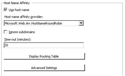 Screenshot of the Server Affinity Tab. Use host name checkbox is selected.