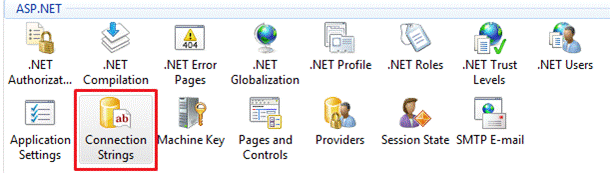 Screenshot of the A S P dot N E T window with Connection Strings selected.