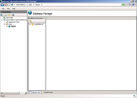 Screenshot of the I I S Manager window showing Database Manager in the main pane.