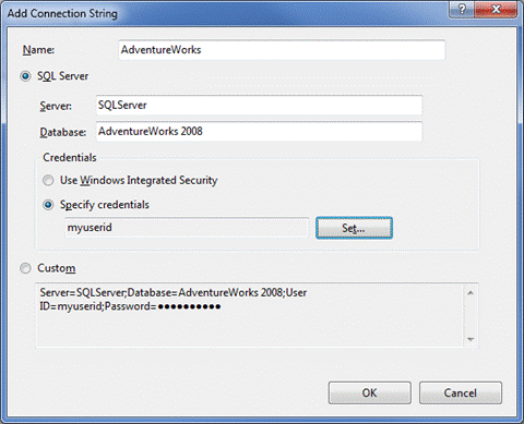 Screenshot of the Add Connection String dialog. S Q L server is selected.