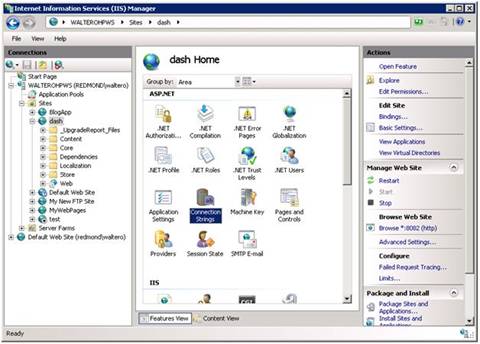 Screenshot of the I I S Manager screen showing the Connection Strings icon highlighted in the main pane.