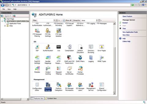 Screenshot of the I I S Manager screen showing the Database Manager icon highlighted in the main pane.