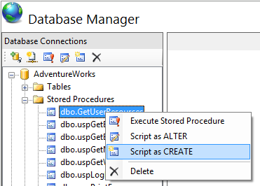 Screenshot of the Database Manager toolbar. d b o dot Get User Resources is selected. Script as CREATE is highlighted.