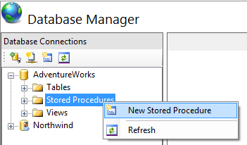 Screenshot of the Database Manager page. The Database Connections node is expanded. Stored Procedures is selected. New Stored Procedure is highlighted.