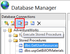 Screenshot of the Database Manager toolbar and navigation tree. Execute Stored Procedure in the toolbar is highlighted. Under Stored Procedures in the navigation tree, d b o dot Get User Resources is selected.