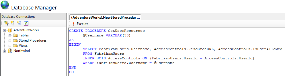 Screenshot of the Database Manager page.the query open bracket exclamation mark code dash s q l Main close bracket is written between BEGIN and END in the procedure.