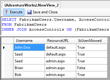 Screenshot of the query editor toolbar. The execute button is selected. In the Username column, John Doe is highlighted.