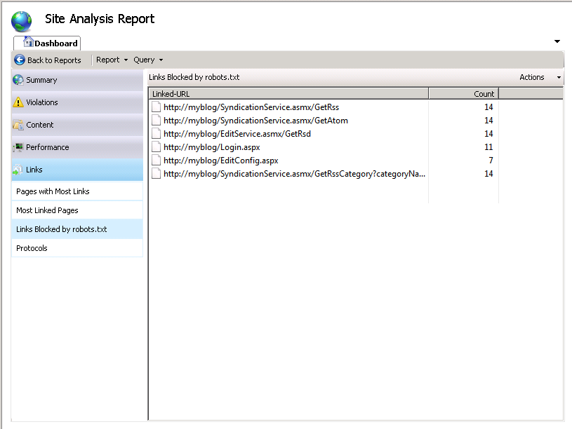 Screenshot of the Site Analysis Report window. A list of blocked links appear in the main pane.