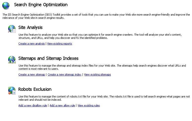 Screenshot showing Sitemaps and Sitemap Indexes under the Search Engine Optimization section.