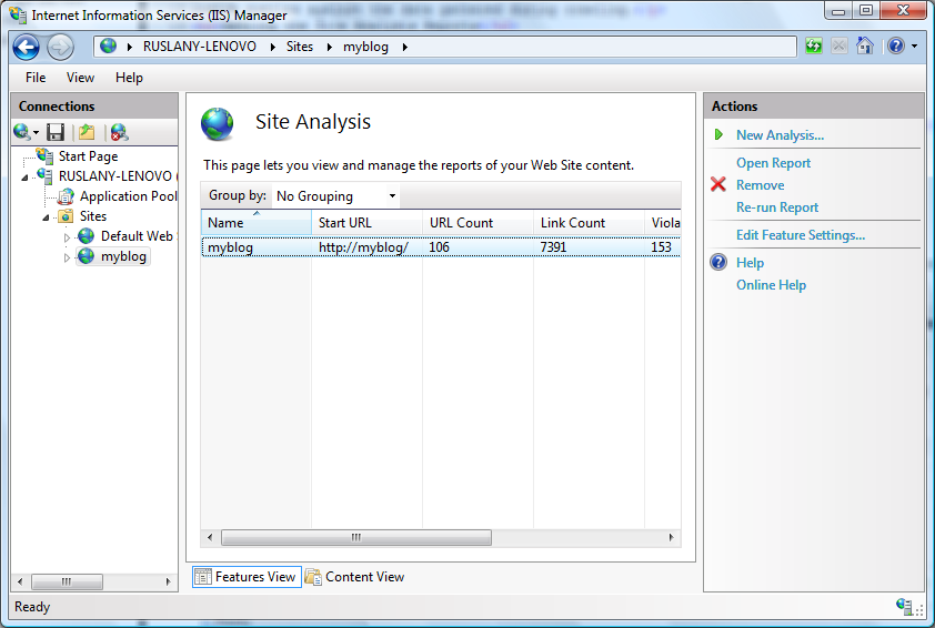 Screenshot showing Site Analysis feature with a list of all available analysis reports.