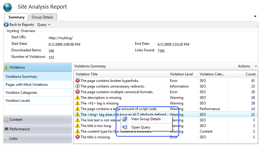Screenshot of Site Analysis Report with Open Query command.