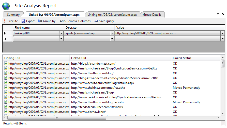 Screenshot showing new query page with all linked URLs and resources for currently selected URL.