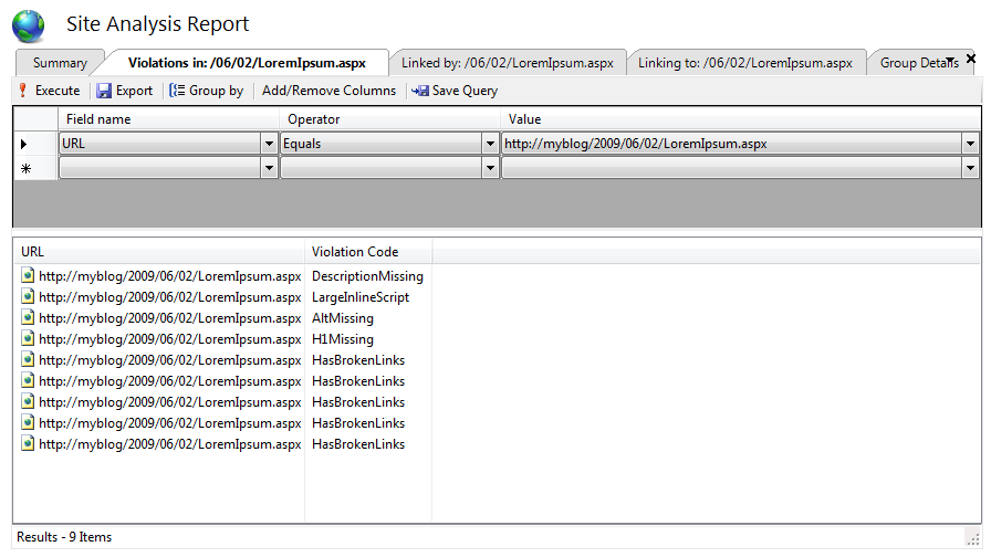 Screenshot of new query page showing all violations on the page of selected URL.