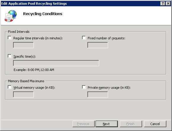Screenshot shows the Edit Application Pool Recycling Settings dialog box.