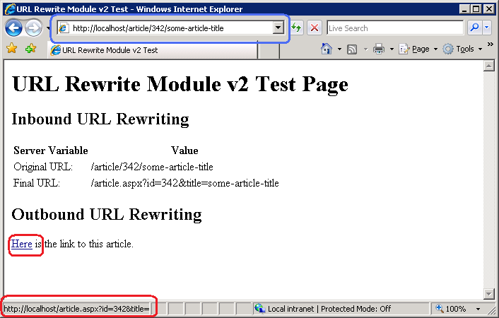 Screenshot of the Final U R L after hovering over the link in the U R L Rewrite Module Test Page using a web browser.