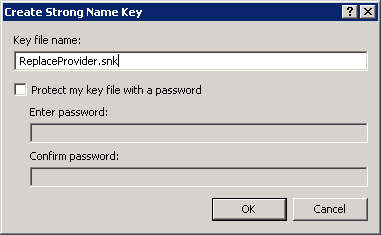 Screenshot of the Create Strong Name Key dialog, which contains the Key file name, Enter password, and Confirm password fields.