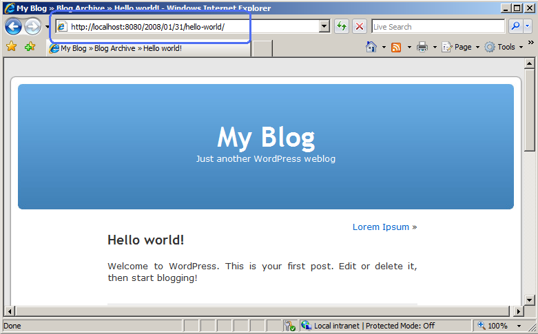 Screenshot of a browser window showing the hello world example in a tab. 