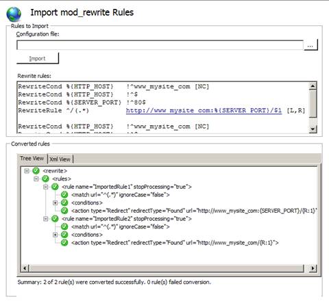 Screenshot of the Import mod underscore rewrite Rules pane with a set of Rewrite rules and a set of successfully Converted rules.