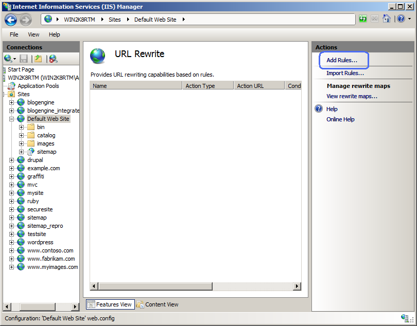 Screenshot of the Actions pane of the U R L Rewrite icon. Add Rules is highlighted.