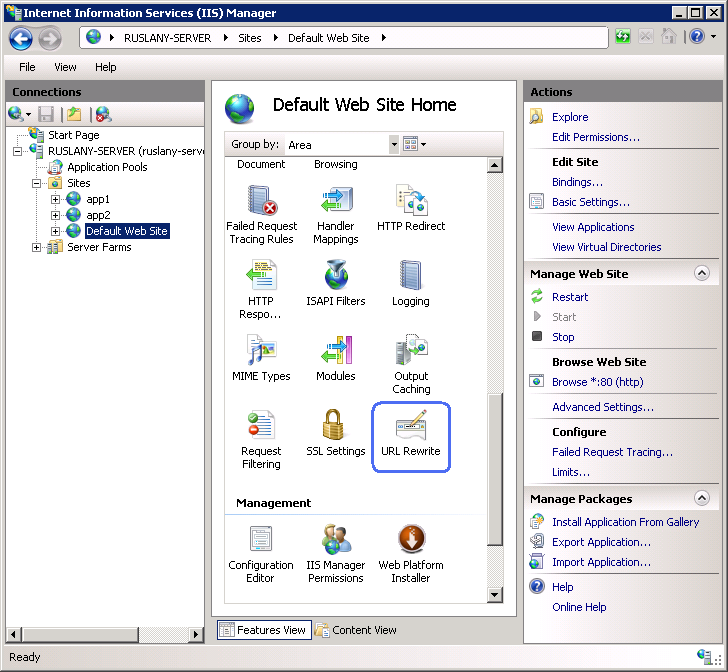 Screenshot of the I I S Manager. The Connections pane shows an expanded navigation tree. Default Web Site is highlighted. In the Default Web Site Home pane, the U R L Rewrite icon is selected.