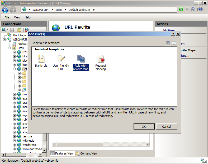 Screenshot of the Add rules dialog with the Rule with rewrite map option being highlighted.