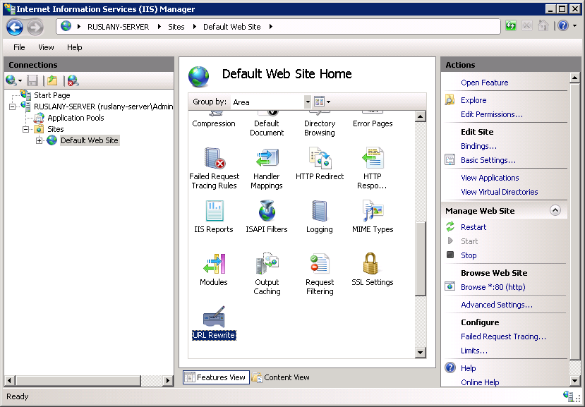 Screenshot of the Default Web Site Home screen with the U R L Rewrite option being highlighted.