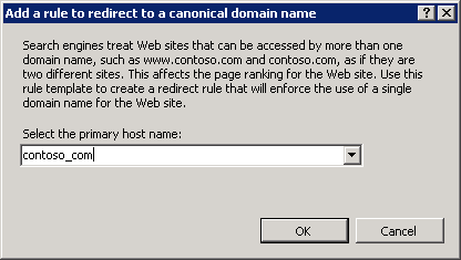 Screenshot of the Add a rule to redirect to a canonical domain name screen with the primary host name being set to contoso_com.