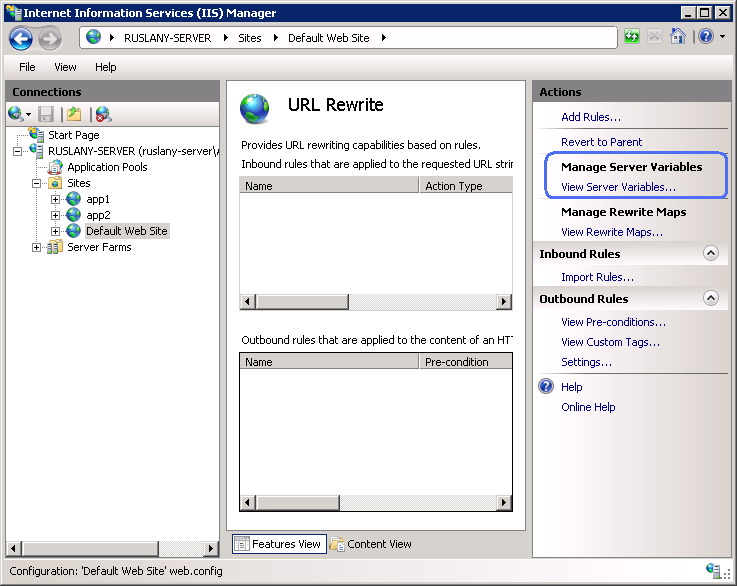 Screenshot of the U R L Rewrite screen with a focus on the View Server Variables option in the Actions pane.