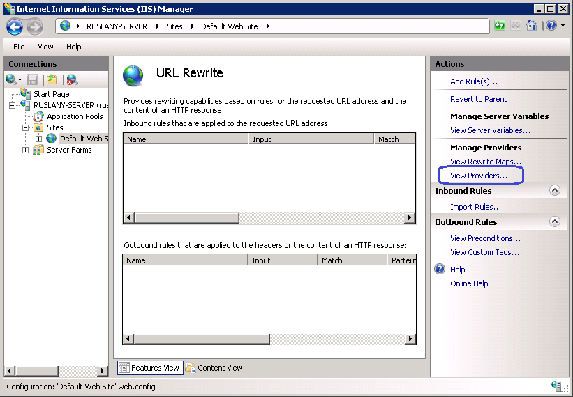 Screenshot of the I I S Manager U R L Rewrite Home page. In the Actions pane in the right, View Providers is highlighted.