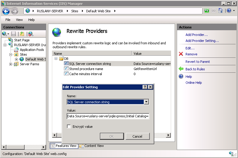 Screenshot of the I I S Manager page. The Rewrite Providers page is shown. An Edit Provider Setting dialog box appears and in the Name box is the text S Q L Server connection string.