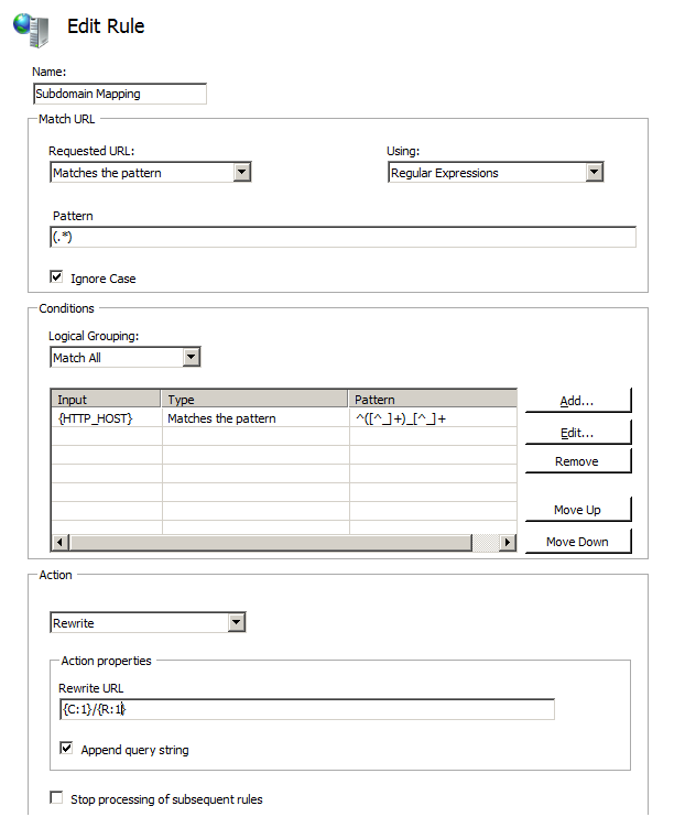 Screenshot of the Edit Rule page. The Input, Type, and Pattern columns all have text.