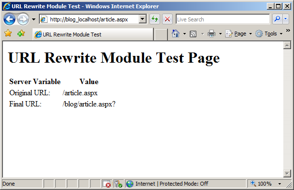 Screenshot of the U R L Rewrite Module Test Page. The Server Variable information and the Value information is shown.