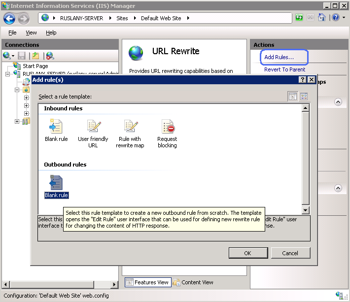 Screenshot of Add Rules dialog box with Blank Rule selected under Outbound Rules.