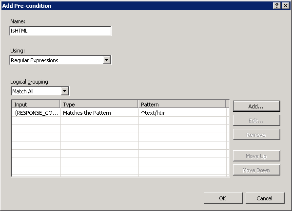 Screenshot of Add Pre-condition editor dialog with settings.