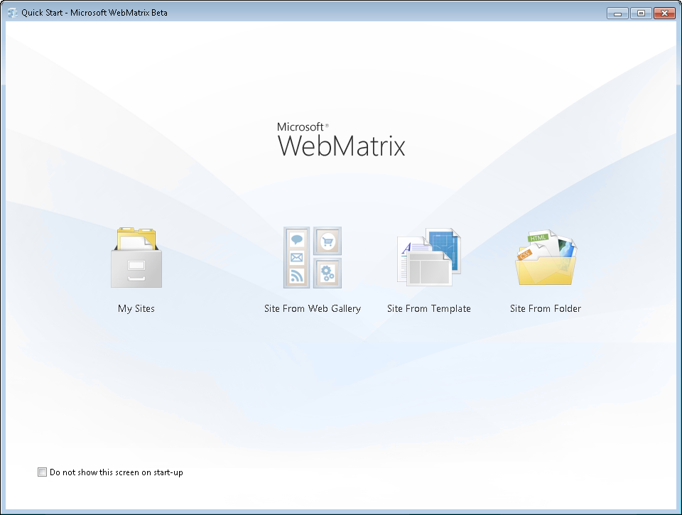 Screenshot of the WebMatrix Beta Quick Start page.