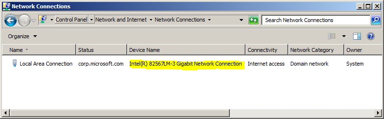 Screenshot of the Network Connections tab in the Control Panel. The device name field is highlighted. 